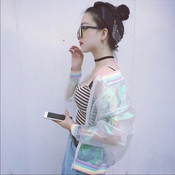 Rainbow Translucent Iridescent Shimmer Jacket Rave - Picture 4 of 5